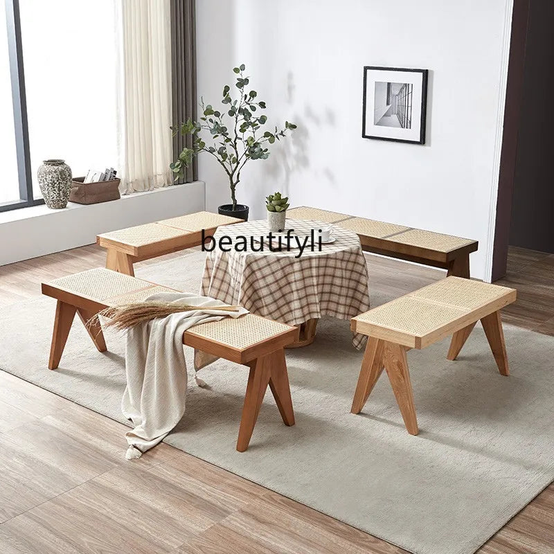 Solid Wood Rattan Home Shoe Changing Stool Modern Nordic Homestay Rattan Chair Simple Tailstock Dining Table Bench