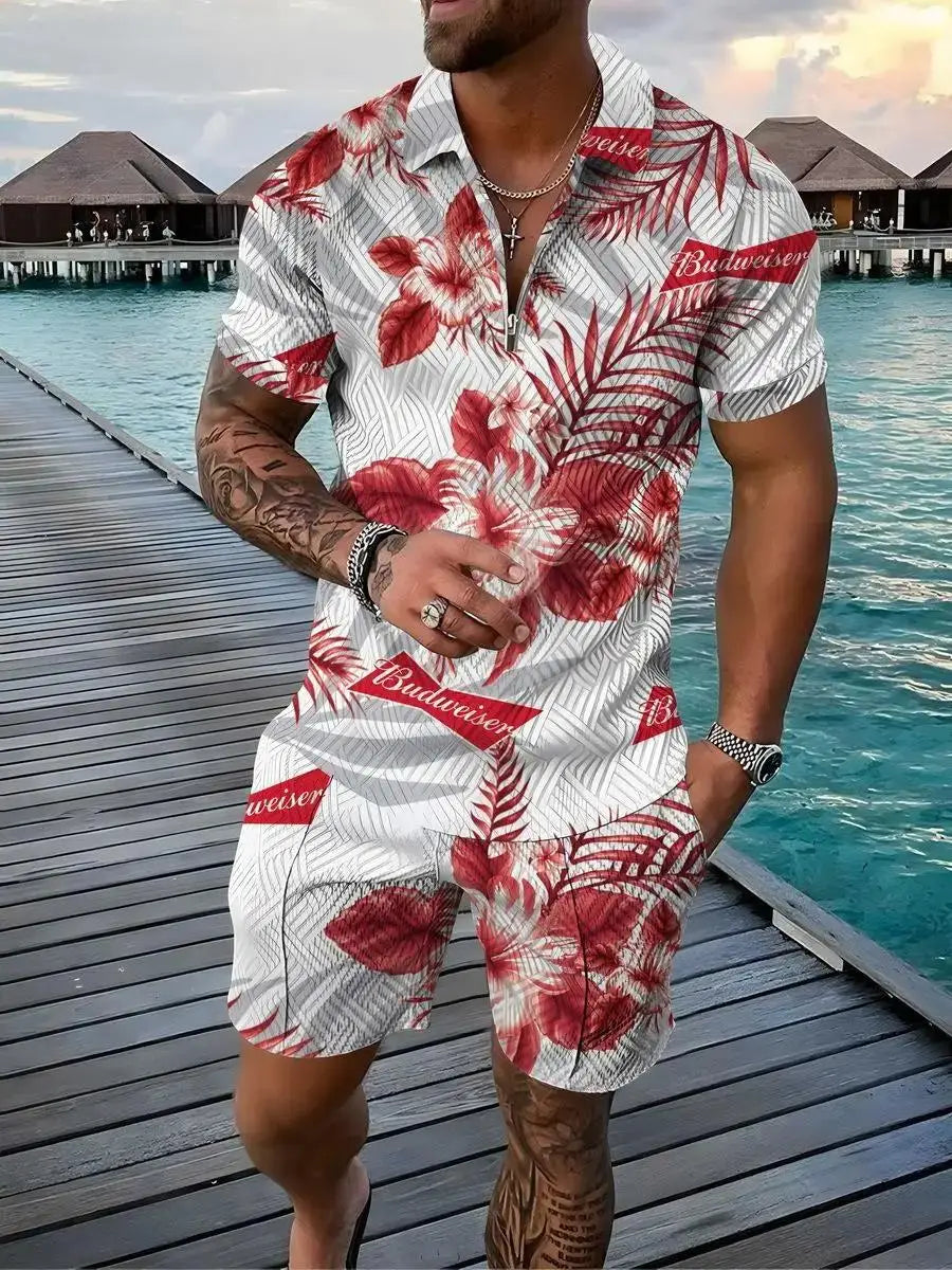 Hawaiian Polo Set Men Tracksuit Sets Summer 3D Beach Outfits Polo Shirt Shorts 2pcs Sets Zipper Coconut Tree Casual man Clothing