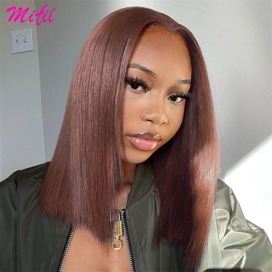 Highlight Short Bob Wig Bone Straight Chocolate Brown Lace Front Human Hair Wigs For Women 13X4 HD Transparent Lace Frontal Wig