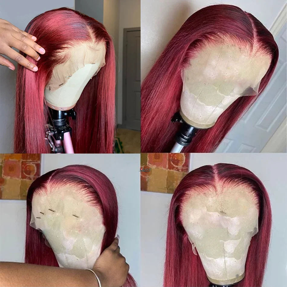 99J Wigs 13x4 HD Transparent Lace Front Human Hair Wig Burgundy Pre Plucked Human Hair Lace Frontal Wig Straight Human Hair Wig