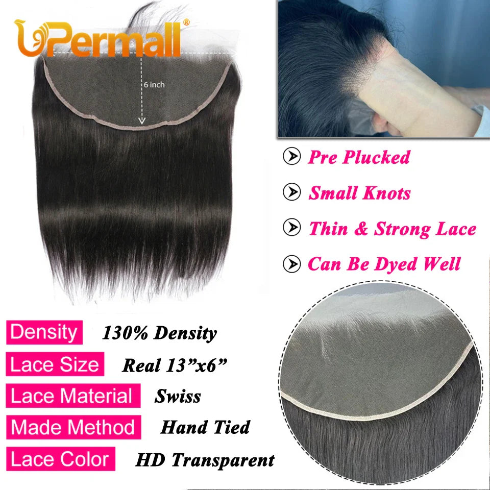 Upermall 13x6 Lace Frontal Straight Pre Plucked Swiss HD Transparent Full Front Only Natural Black 100% Remy Human Hair On Sale