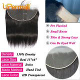 Upermall 13x6 Lace Frontal Straight Pre Plucked Swiss HD Transparent Full Front Only Natural Black 100% Remy Human Hair On Sale