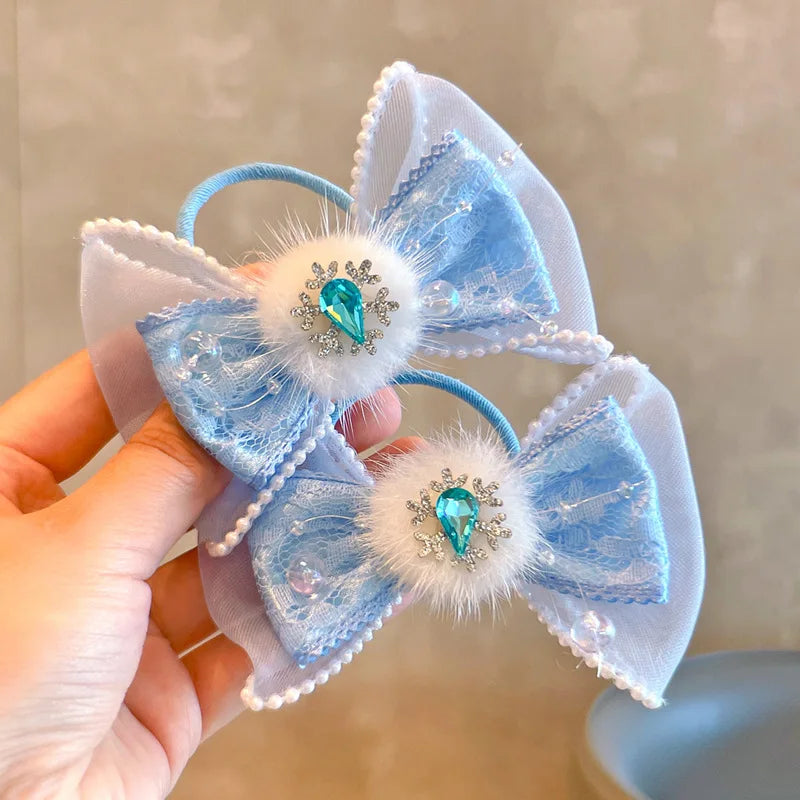 2PCS New Princess Lace Blue Bow Girls Kids Elastic Hair Bands Children Lovely Hair Ties Hair Accessories Baby Headwear