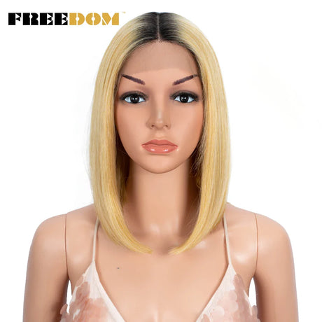 FREEDOM Straight Synthetic Lace Wigs Short Bob Ombre Blue Colorful Wigs For Black Women Cosplay Wigs Middle Part Lace Wig