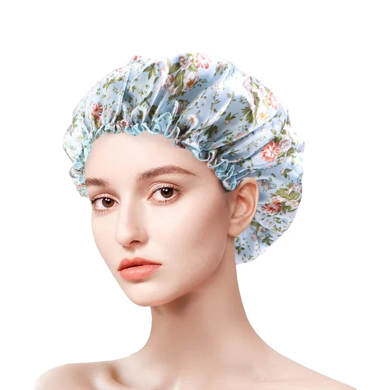 Women Satin Bonnets Printed Floral Edge Nightcap Fashion Imitated Silk Fabric Home Cap Lady Elastic Hair Care Beauty Makeup Hat