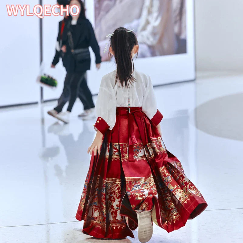 2024 NEW Summer Chinese Hanfu Dress For Girls Traditional Embroidery Horse-face Skirt For Kids Princess Hanbok