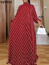 Plus Size 5XL VONDA Elegant Striped Maxi Dress Women High Neck Elegant Long Sundress Long Puff Sleeve Printed Vestidos