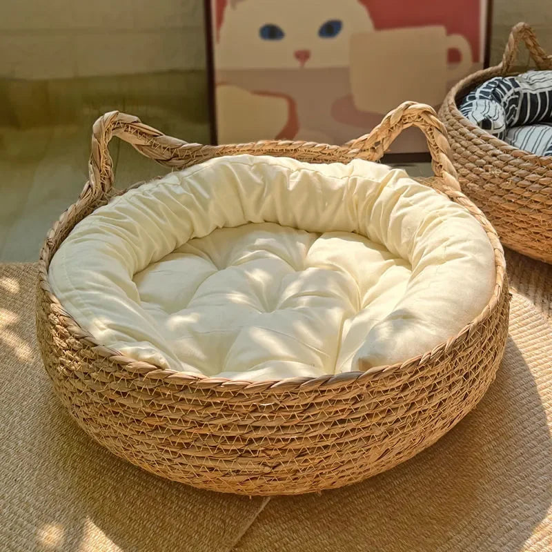 Four Seasons Universal Pure Handmade Vine Woven Cat Nest Seasonal Warmth Pad Detachable Washable Winter Pet Supplies Accessories