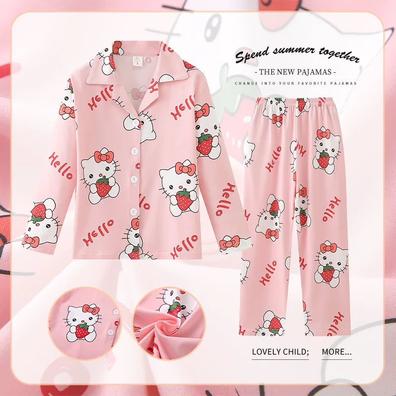 2024 Kawaii Miniso Spring Autumn Children Pajamas Anime Kuromi Cinnamoroll Pochacco Boy Girl Milk Silk Sleepwear Kids Loungewear