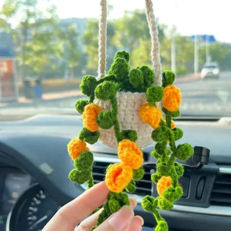 NEW Cute Potted Plants Crochet Car Basket,Hanging Plant Crochet for Car Decor,Car Ornament Rear View Mirror Hanging Accessories