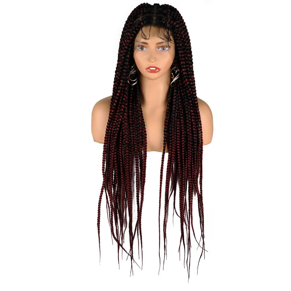 36" Full Lace Braided Wigs Synthetic Long Black Braided Wigs With Baby Hair 360 Lace Front Box Braids Wig Black Mix Burgundy Wig