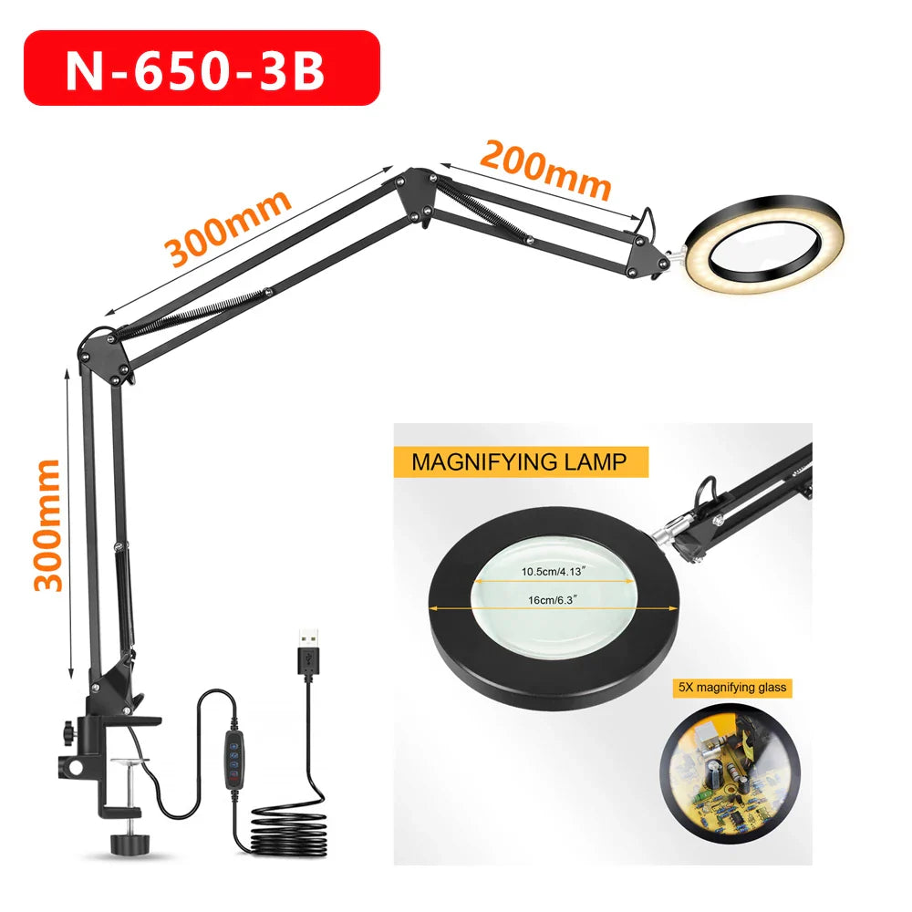 NEWACALOX 5X Welding Magnifying Glass LED Table Desk Lamp Three-Section Folding Handle Magnifier Light Nail Repair Lighting Read