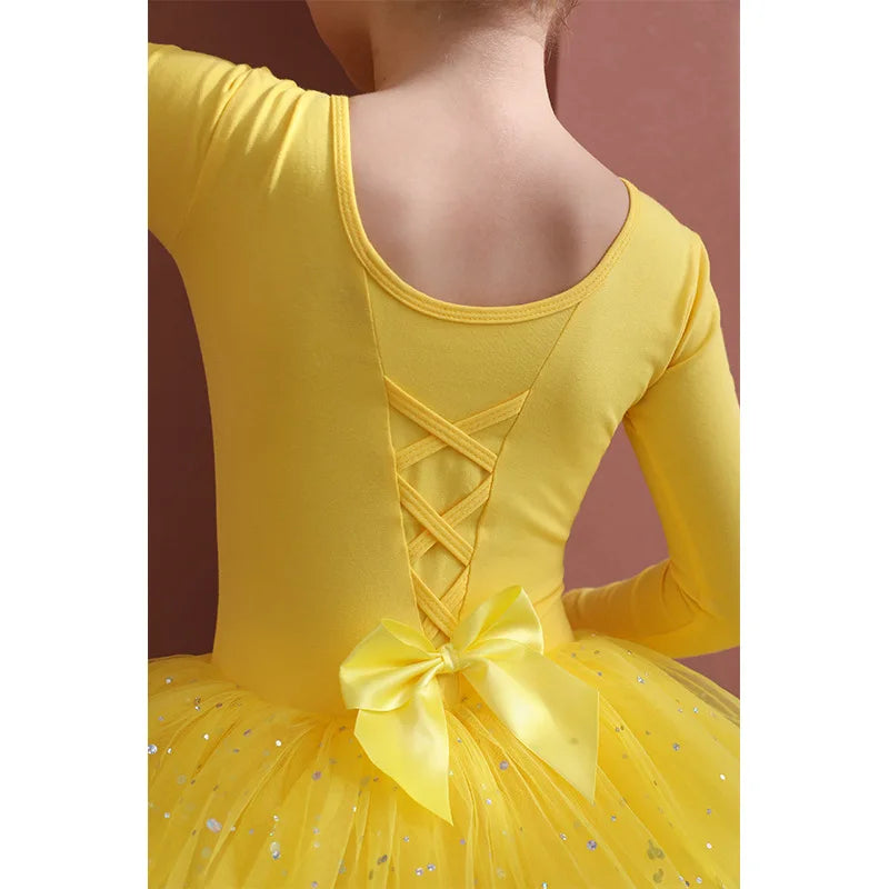 Girls Ballet Dance Tutu Dress Kids Short /Long Sleeves Tulle Bowknot Skate Gymnastics Christmas Birthday Party Leotard Dancewear