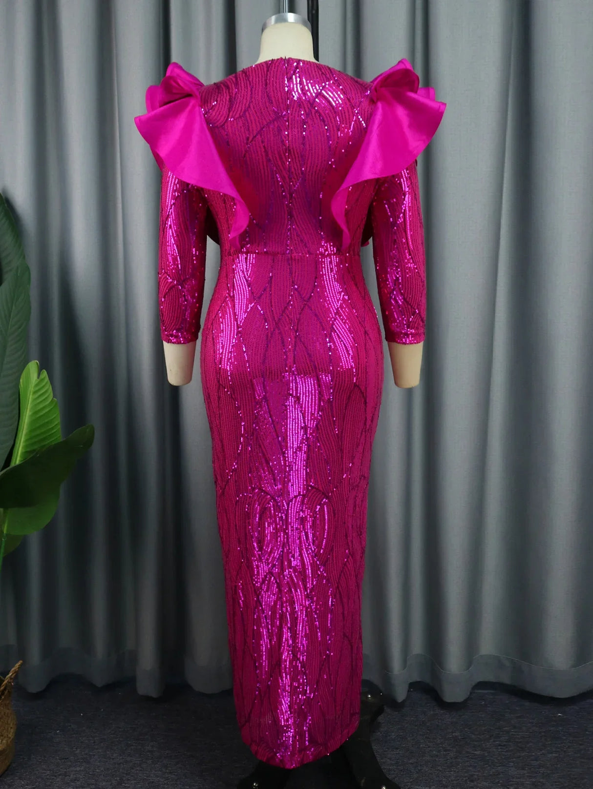 Formal Sequined Evening Dress Women Ruffle Trim Long Sleeve Luxury Glitter Long Wedding Guest Events Night Out Gown Plus Size