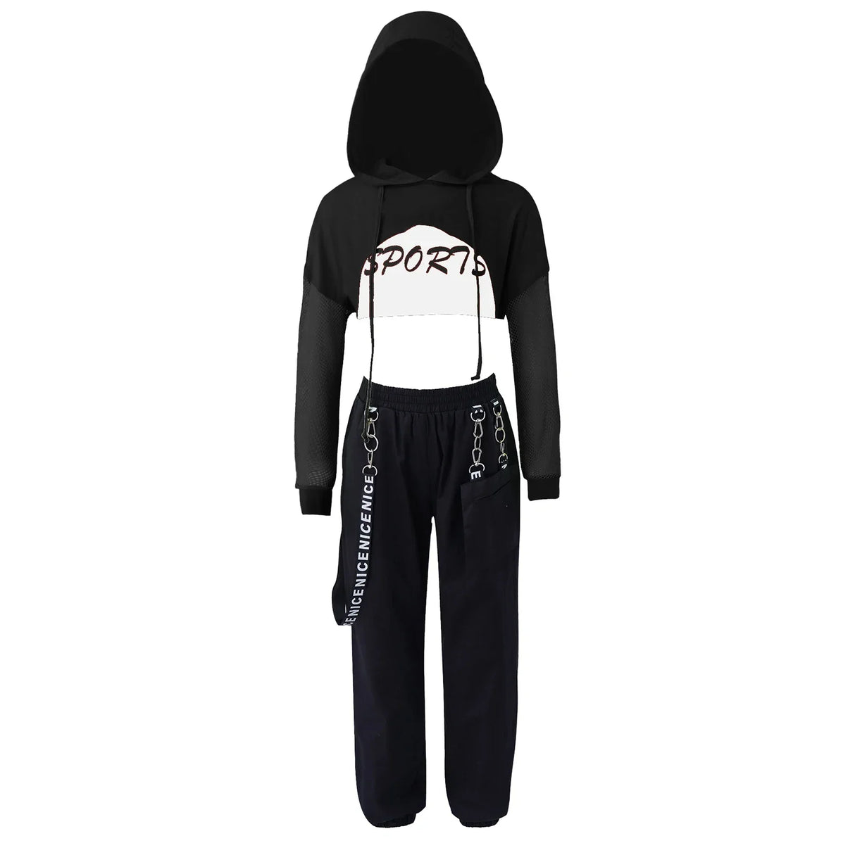 Girls Hip Hop Dance Sports Sets Kids Hooded Net Cover Up Crop Tops Vest And Pants Suit Fashion Jazz Modern Street Dance Costumes