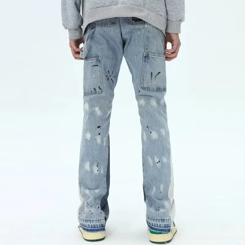 2024 Kanye Painting Patch Baggy Stacked Jeans Y2K Flare Cargo Pants For Men Clothing Washed Blue Denim Trousers Pantalon Homme