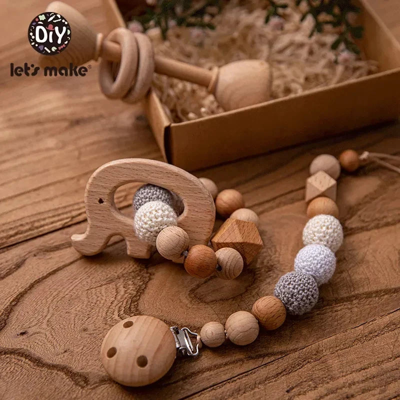 Let's Make Baby Wooden Teether Animals Rattle Chewable Crochet Beads Play Gym Stroller Toy Nursing Pendant Charms Teething