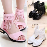 3 5 9 10 12 Years Kids Bow Sandals Children Girls Summer Cute Sandals Beach 2021 Princess Fashion High Heels Tassel School Shoes