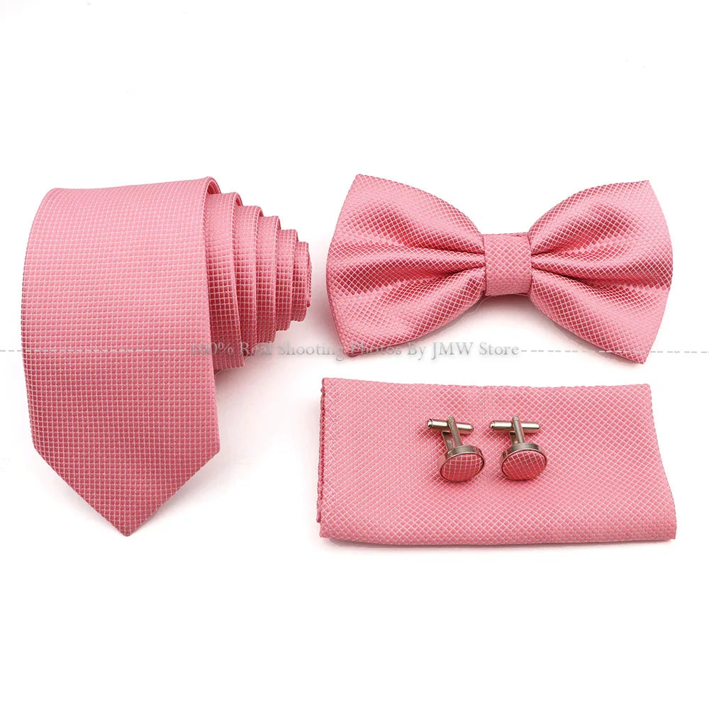 5 Pcs Slim Plaid Tie Set Polyester Pink Blue Necktie Bowtie Cufflink Brooch For Groom Suit Wedding Cravat Shirt Accessory Gift