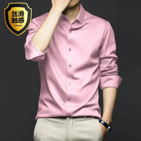 Luxury Men's Social Dress Shirts Spring Autumn Smooth Soft Wrinkle-resistant Non-iron Solid Color Casual Ice Silk