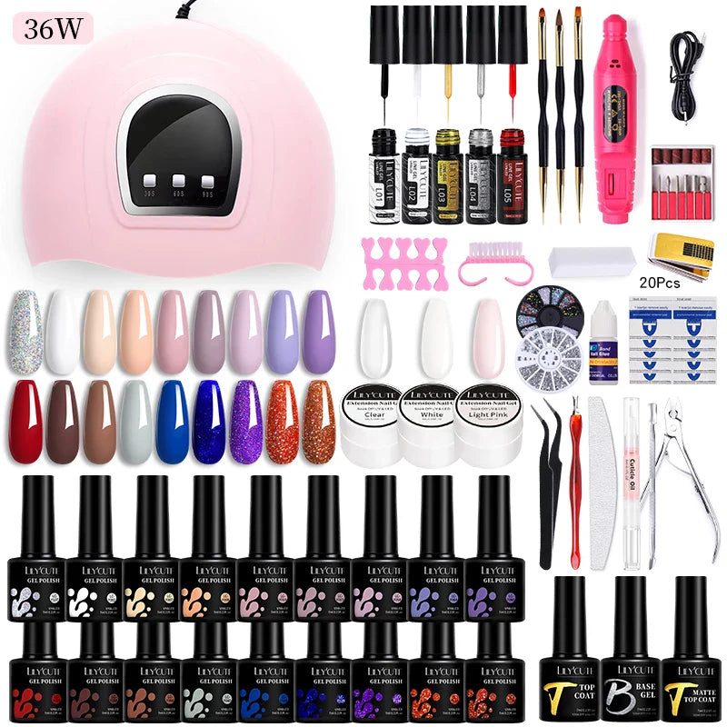 LILYCUTE Manicure Set For Quick Nail Extensions Gel Nail Polish With UV LED Nail Lamp Electric Nail Drill All For Nail Gel Tools