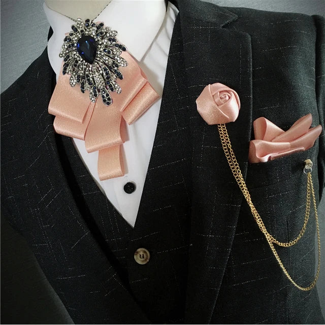 Men's Bow Tie Corsage Pocket Towel Sets British Korean Dress Suit Jewelry Luxury Rhinestones Men Wedding Accessories 3 Piece Set