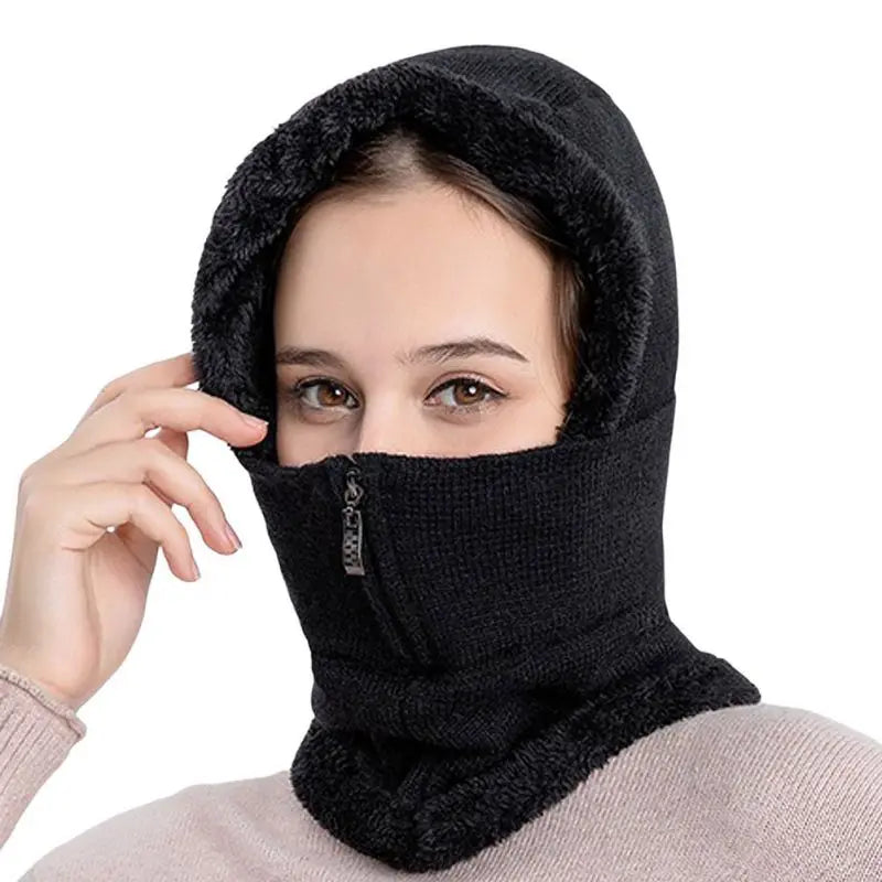 New Winter Women 3in1 Knitted Ski Hat with Scarf Neck Warmer Fleece Lined Hood Face Mask Adult Balaclava for Outdoor Sports