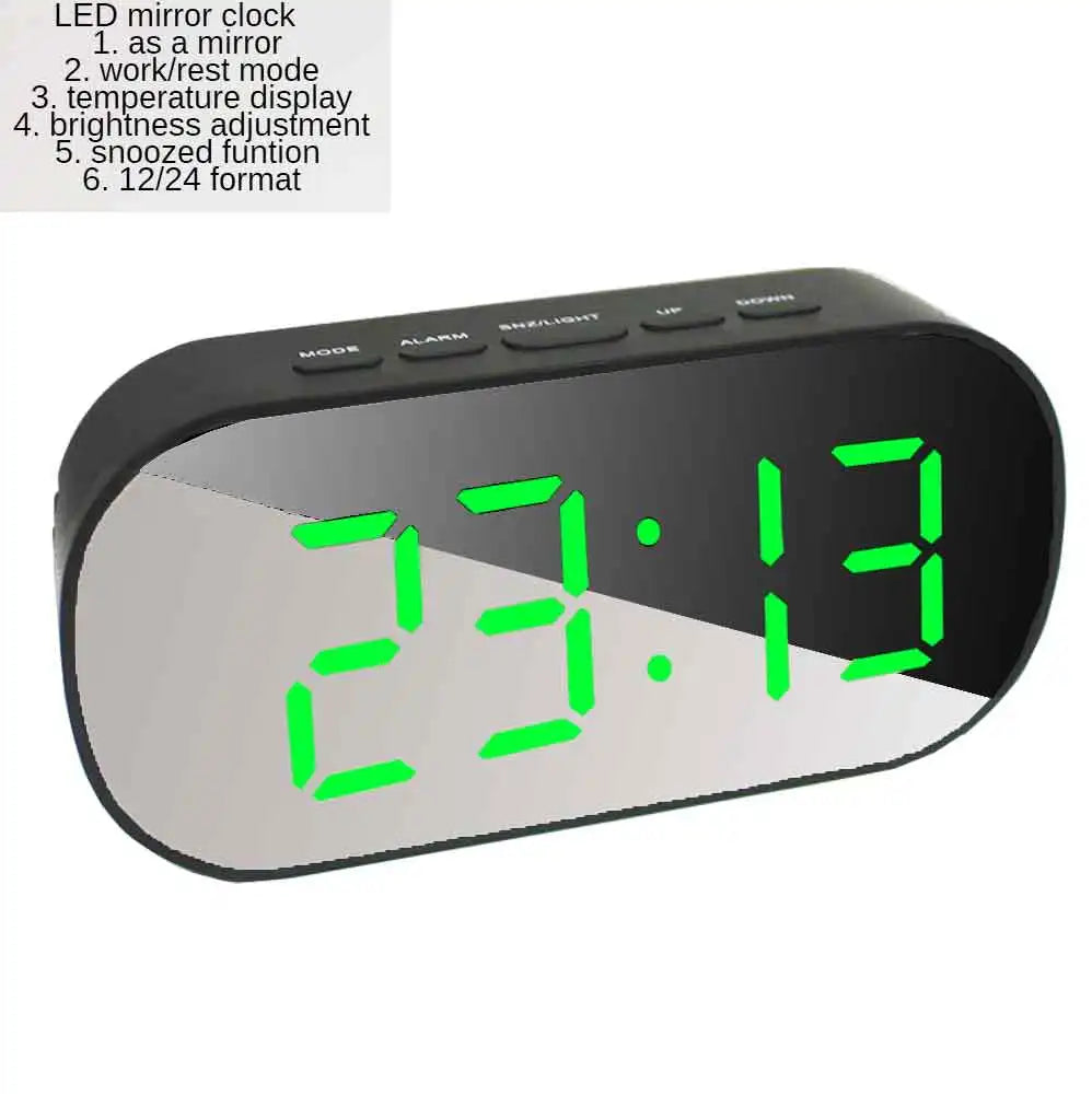 Led Alarm Clock Digital Children Electronic Alarm Clocks Curved Screen Mirror Temperature Clock with Snooze Function Desk Clock