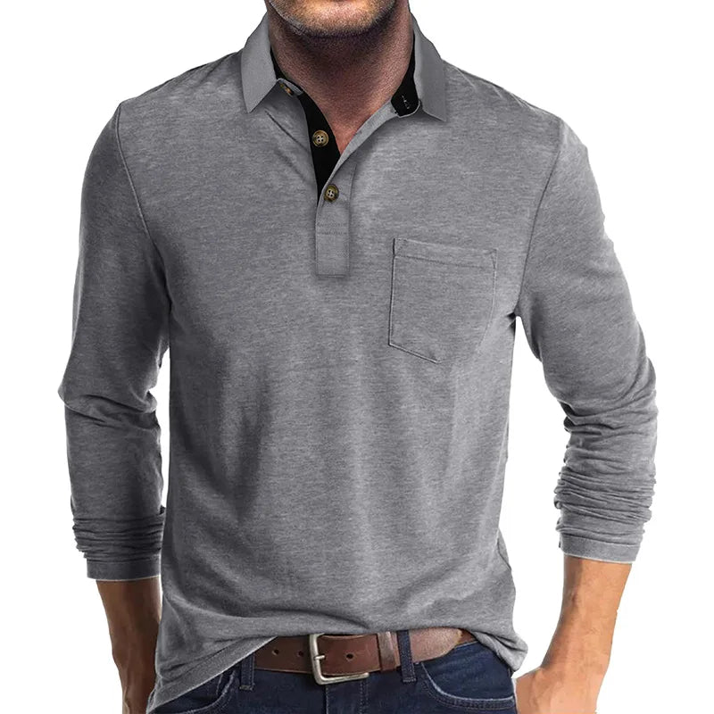 Spring Trend Men's Long Sleeve Casual Tshirt Solid Lapel Button Up Pullover Tops Autumn Turn Down Collar Bottoming Polo Shirt