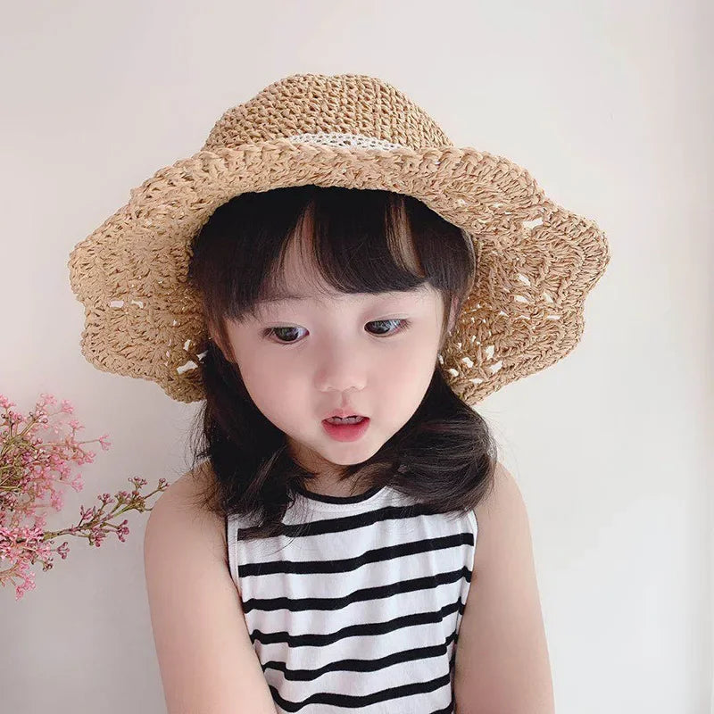 Fashion Baby Petal Brim Straw Woven Hat Sun Protection Lace Cap Kids Girls Princess Collapsible Beach Cute Infant Bucket Hats