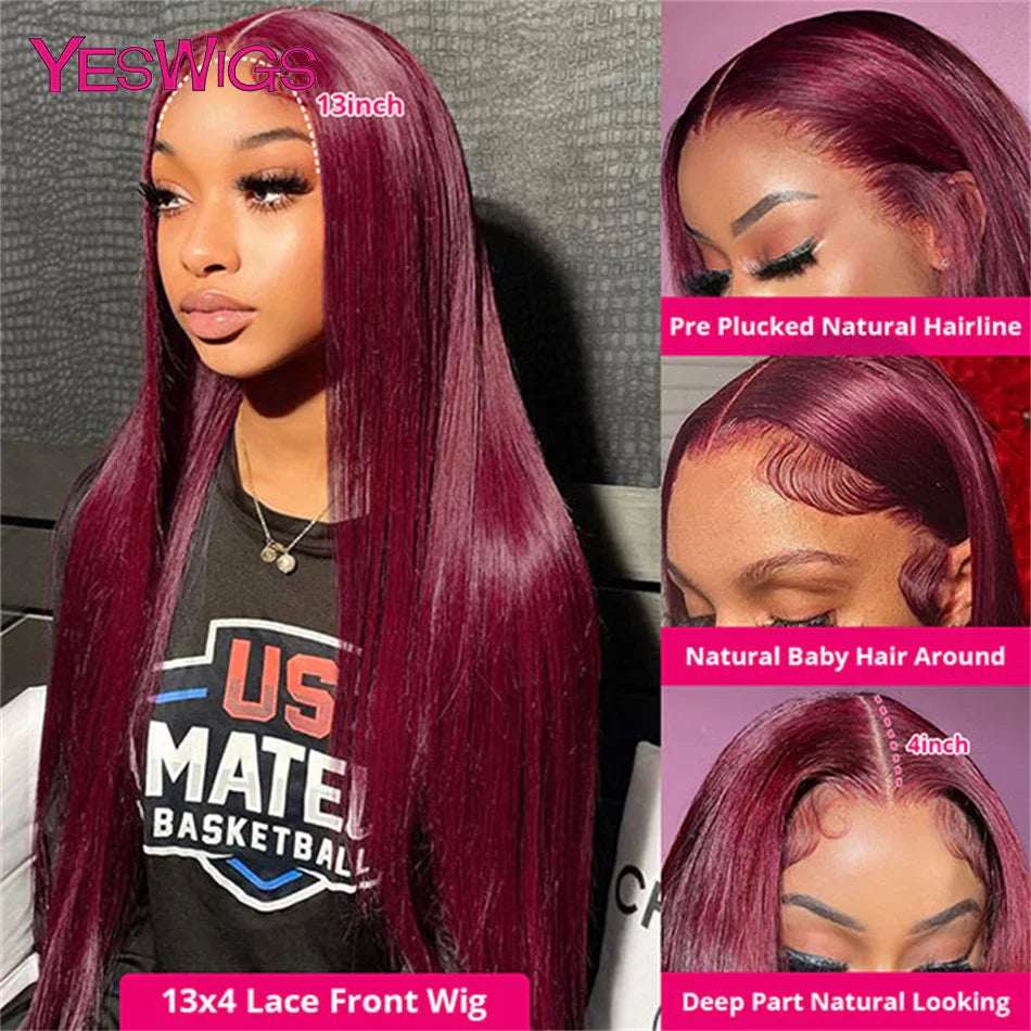 Burgundy 99J Red Colored Bone Straight Lace Front Wig HD Transparent Lace Frontal Human Hair Wigs For Women Pre Plucked Glueless