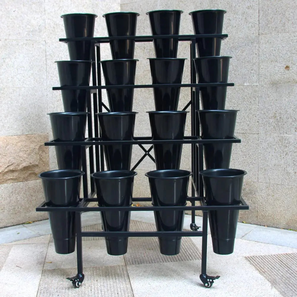 Flower Display Stand with 16pcs Plastic Buckets for Fresh Flowers Heavy Duty Garden Cart Moving Flower Bucket Stand with Wheels.