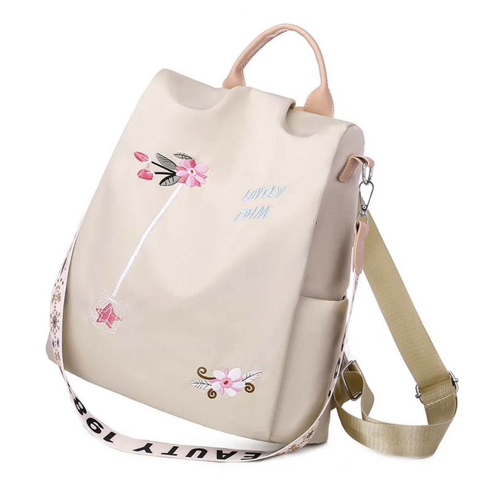 Oxford Backpack Flower Embroidery Women Travel Anti-theft Rucksack (Camel)