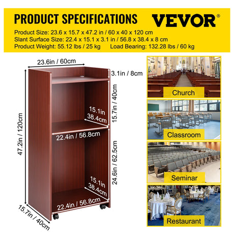 VEVOR Wood Podium 2 x 4 FT Lecterns w/ 4 Rolling Wheels Baffle Plate & Shelf Easy Assembly Walnut for Church Office School Home