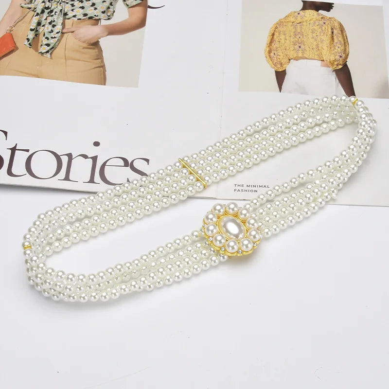 New Ladies Pearl Waist Chain Rhinestone Pearl Decorative Belt Fashion Sweet Dress Elastic Elastic Belt Women’s Designer Belts