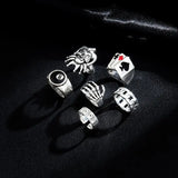 6Pcs Punk Poker Joker Silver Color Rings Set for Men Goth Skeleton Billiards Set Couple Emo Fashion Jewelry Anillos Hombre