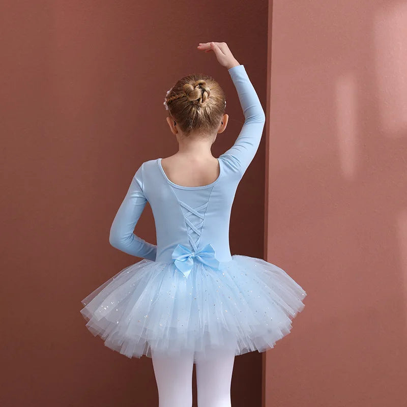 Girls Ballet Dance Tutu Dress Kids Short /Long Sleeves Tulle Bowknot Skate Gymnastics Christmas Birthday Party Leotard Dancewear