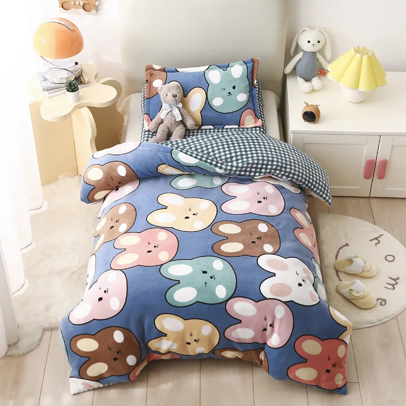 Baby Cartoon Print Bedding Set Duvet Covers Pillowcases Set Autumn Winter Warm Suede Bedclothes Bed Linen CP29