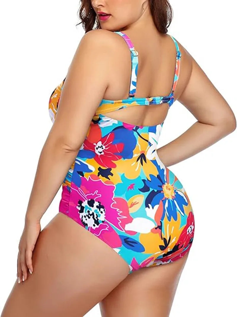 One Piece Floral Printed Women Plus Size Swimsuits Cutout Tummy Control Sexy Swimwear 2024 Summer Female Monokini Bathing Suit