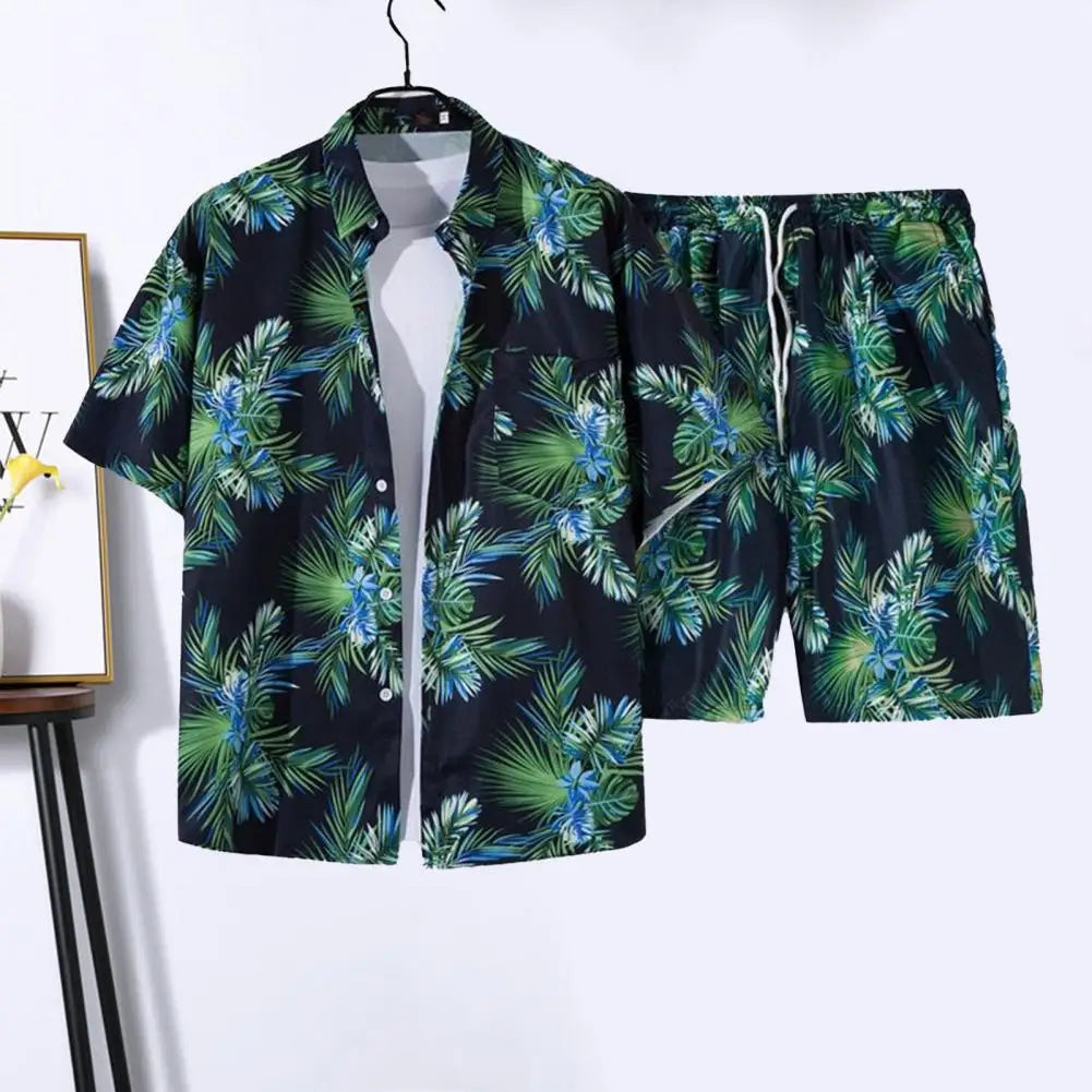 2Pcs/Set Lapel Short Sleeve Single Breasted Drawstring Pockets Men Tracksuit Coconut Tree Print Shirt Loose Shorts Sport Suit St