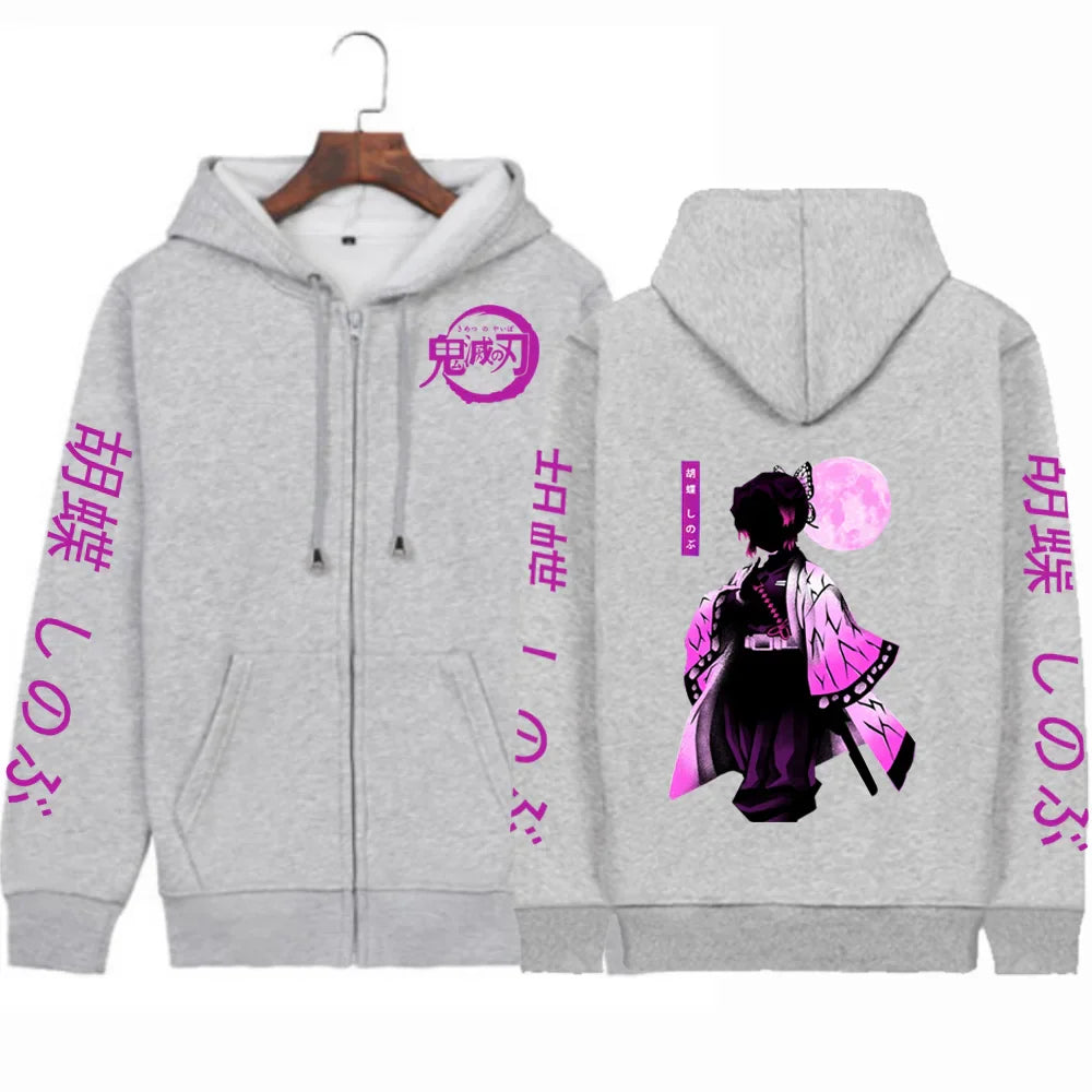 Kochou Shinobu Women Zip Hoodies Winter Autumn Casual Zipper Jacket Harajuku Demon Slayer Plus Size Sweatshirt Female Pullover