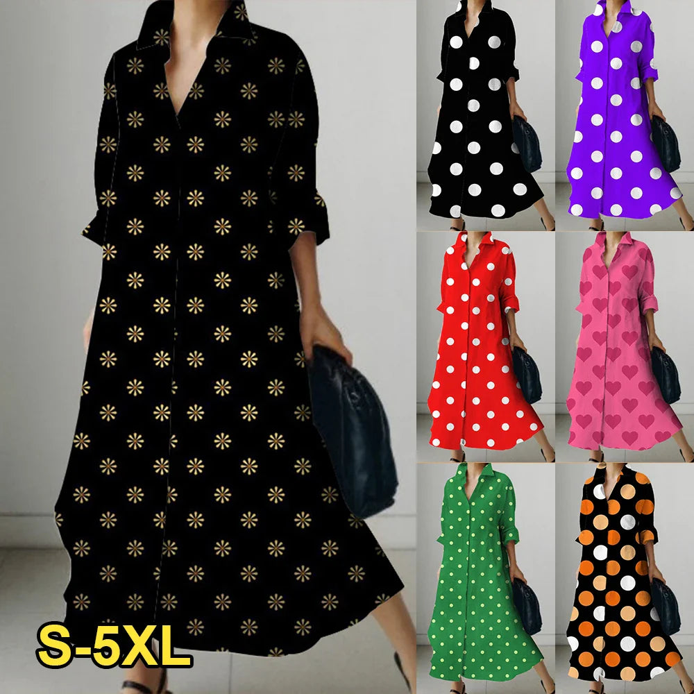 2023 Dress Summer Polka Dot Women's Small Flower Shirt Dress Bohemian Style Midi High Waist Vacation Office Fall Clothing