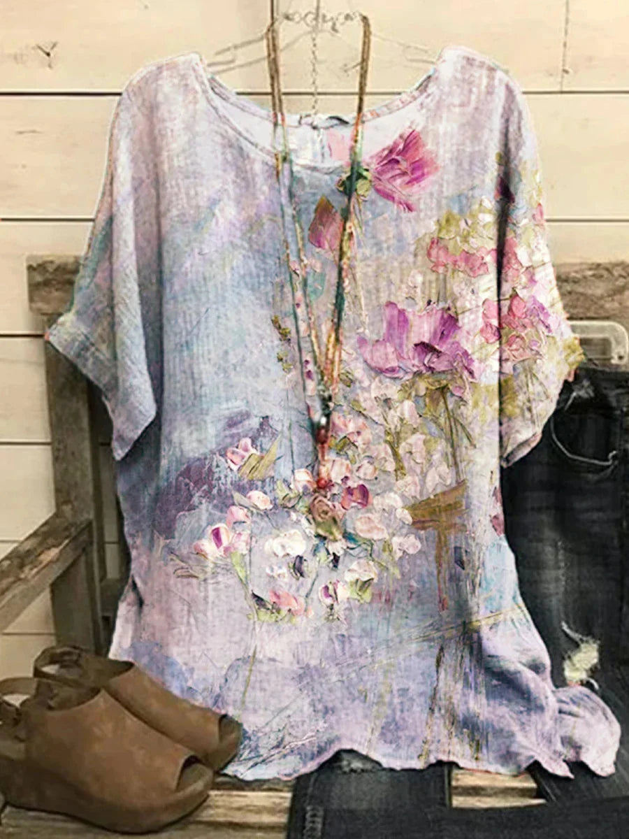 2023 New Round Collar Flower Printing Top Retro Pullover Summer Loose Short Sleeves Plus Size Tee Shirt Fashion T-Shirt S-6xl