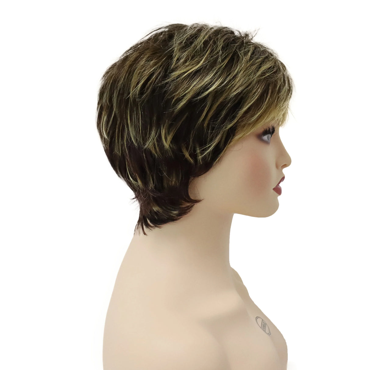 GNIMEGIL Synthetic Short Pixie Cut Wig Women Natural Hairstyle Bangs Wig Blonde Mix Brown Soft Straight Wig for Chemo Patient