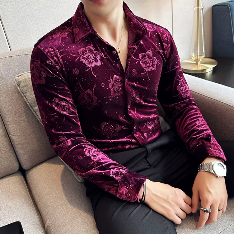 Men's Autumn Winter Velvet Flower Shirt New Luxury Printed Long Sleeved Casual Business Dress Shirts Formal Social Party Tuxedo