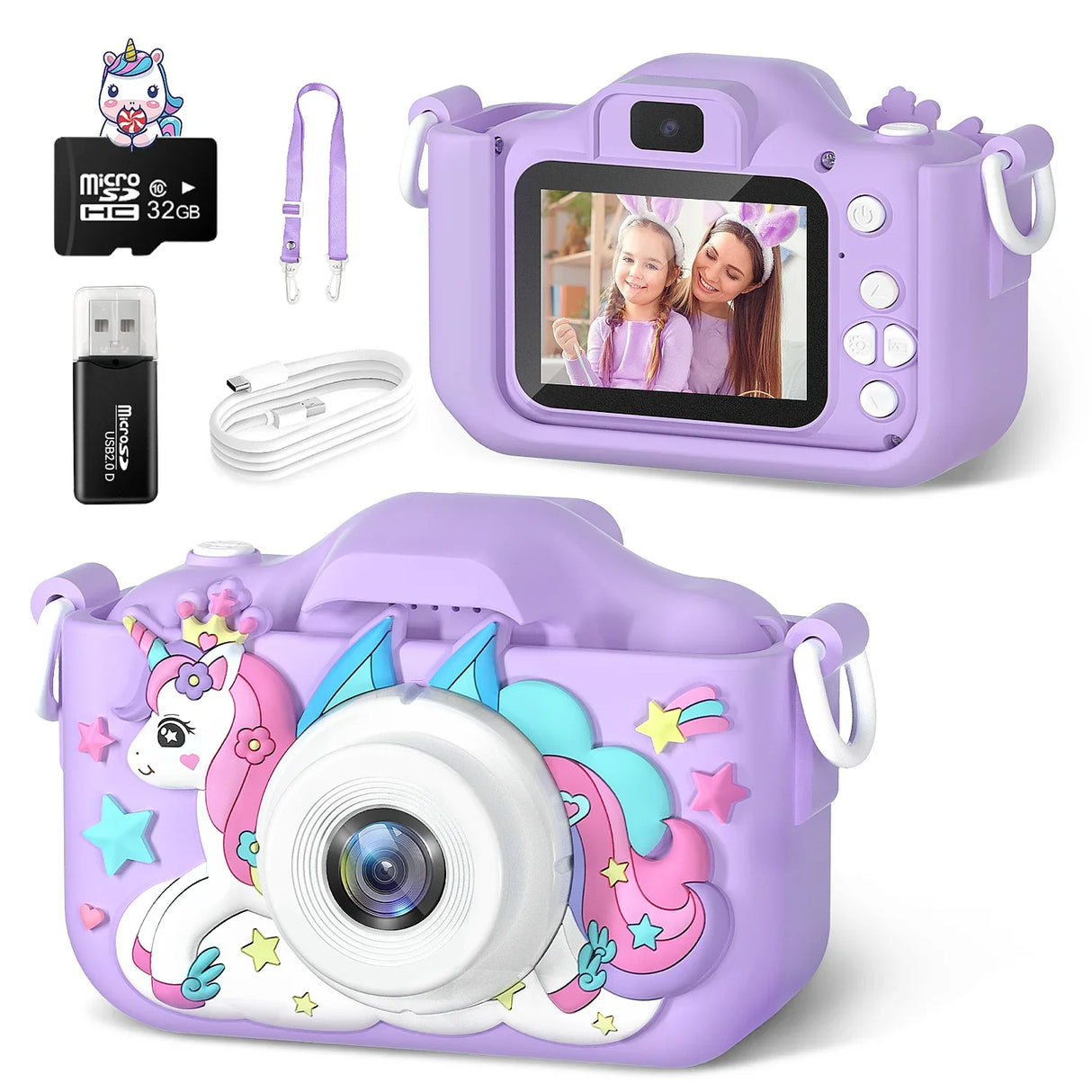 Kids Camera Toys Purple Unicorn for Girls Boys Gift Children Digital Camera 1080P HD 2inch Screen With 32GB SD Card Game Player