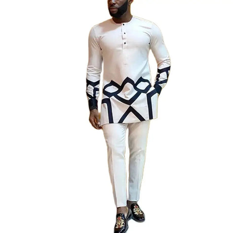 Kaftan Men's Kaunda Suit Round Neck Long-sleeved Top Pant African Male Traditional Outfit Wear 2PCS Clothing Wedding Sets Casual