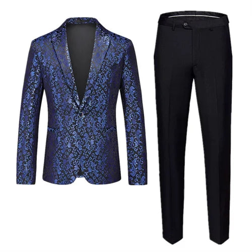 Fashion Brand Men's Jacquard Suit Classic Black / White / Blue Business Wedding Banquet Party Dress Men Blazers and Pants