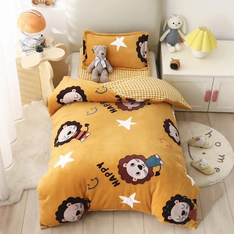 Baby Cartoon Print Bedding Set Duvet Covers Pillowcases Set Autumn Winter Warm Suede Bedclothes Bed Linen CP29