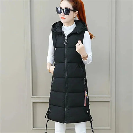 2023 New Autumn Winter Women Long Parkas Vest Warm Hooded Down Coat Parka Ladies Sleeveless Waistcoat Jacket Outwear